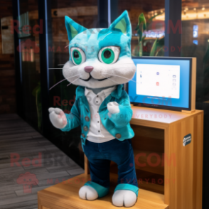 Teal Cat mascot costume character dressed with a Poplin Shirt and Watches