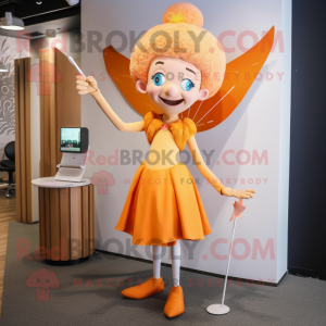 Orange Tooth Fairy mascot costume character dressed with a Pencil Skirt and Hairpins