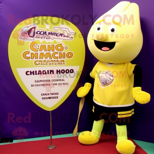 Yellow Clam Chowder mascot costume character dressed with a Board Shorts and Brooches