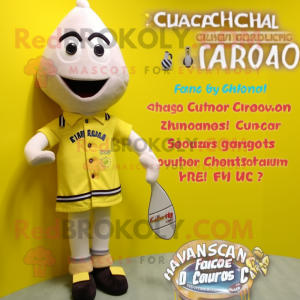Yellow Clam Chowder mascot costume character dressed with a Board Shorts and Brooches