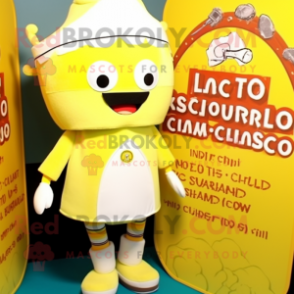 Yellow Clam Chowder mascot costume character dressed with a Board Shorts and Brooches