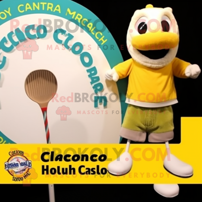Yellow Clam Chowder mascot costume character dressed with a Board Shorts and Brooches