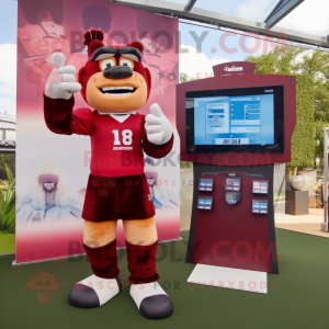 Maroon Stilt Walker mascot costume character dressed with a Rugby Shirt and Digital watches