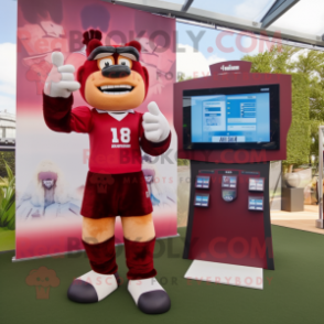 Maroon Stilt Walker mascot costume character dressed with a Rugby Shirt and Digital watches