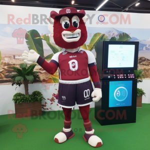 Maroon Stilt Walker mascot costume character dressed with a Rugby Shirt and Digital watches