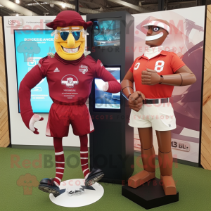 Maroon Stilt Walker mascot costume character dressed with a Rugby Shirt and Digital watches