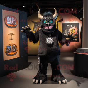 Black Demon mascot costume character dressed with a Graphic Tee and Brooches