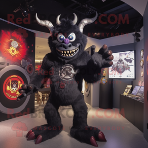 Black Demon mascot costume character dressed with a Graphic Tee and Brooches
