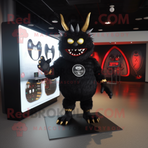 Black Demon mascot costume character dressed with a Graphic Tee and Brooches