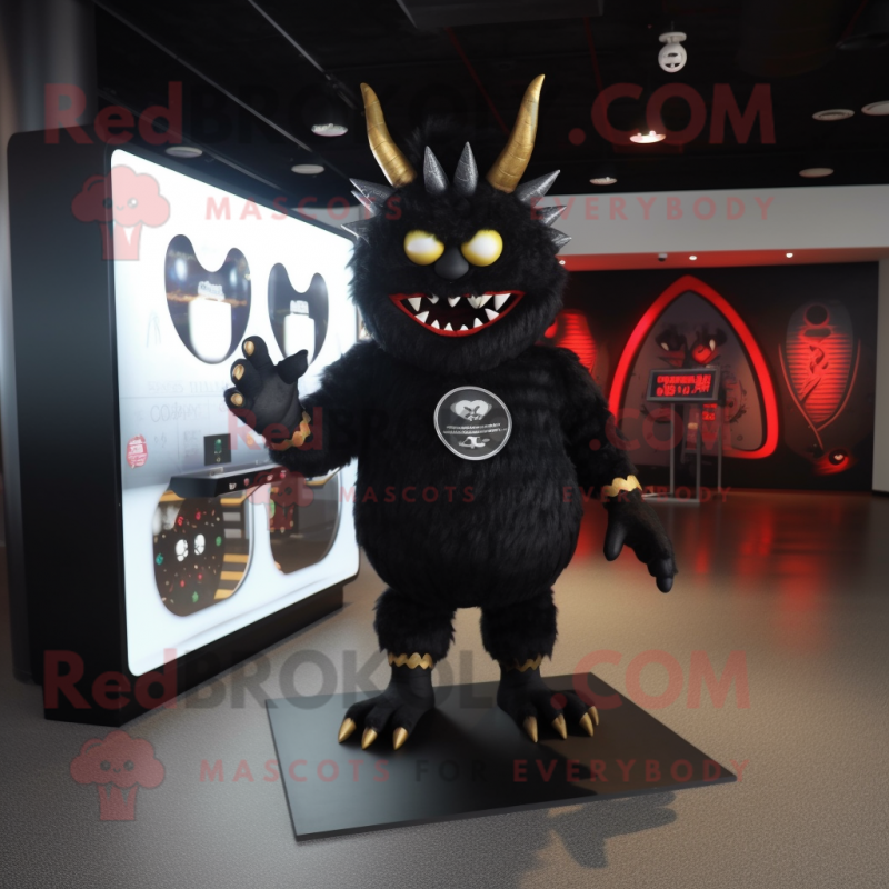 Black Demon mascot costume character dressed with a Graphic Tee and Brooches Black Demon mascot costume character dressed with a Graphic Tee and Brooches