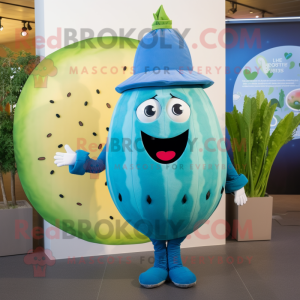 Blue Melon mascot costume character dressed with a Playsuit and Earrings