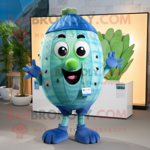 Blue Melon mascot costume character dressed with a Playsuit and Earrings