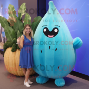 Blue Melon mascot costume character dressed with a Playsuit and Earrings