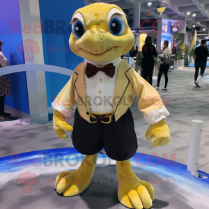Gold Sea Turtle mascot costume character dressed with a Culottes and Bow ties