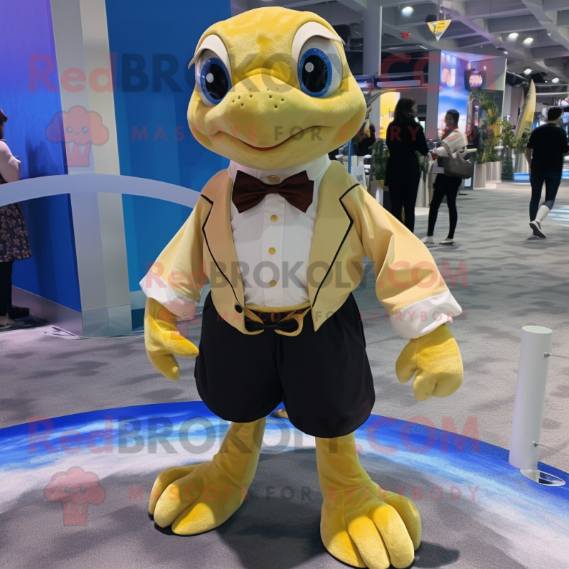 Gold Sea Turtle mascot costume character dressed with a Culottes and Bow ties Gold Sea Turtle mascot costume character dressed with a Culottes and Bow ties