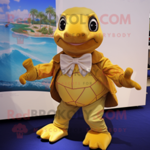 Gold Sea Turtle mascot costume character dressed with a Culottes and Bow ties