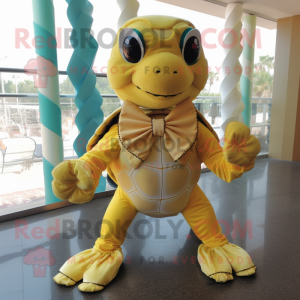 Gold Sea Turtle mascot costume character dressed with a Culottes and Bow ties