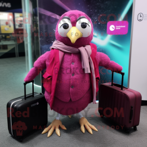 Magenta Quail mascot costume character dressed with a Cardigan and Briefcases