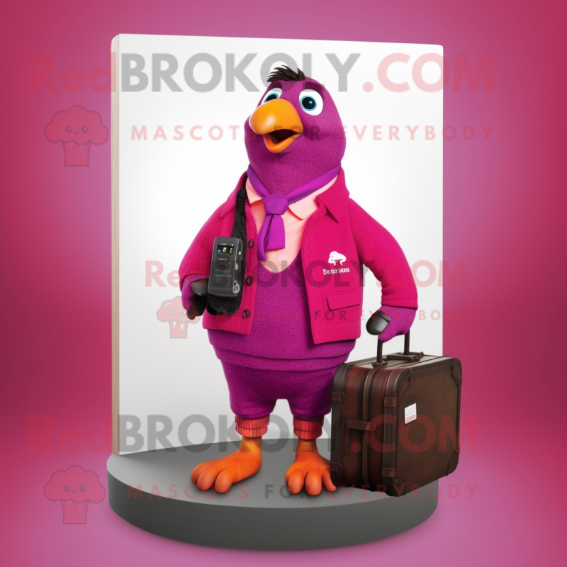 Magenta Quail mascot costume character dressed with a Cardigan and Briefcases