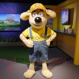 Lemon Yellow Merino Sheep mascot costume character dressed with a Denim Shorts and Tie pins