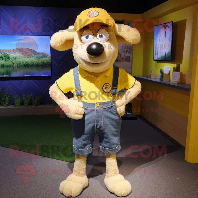 Lemon Yellow Merino Sheep mascot costume character dressed with a Denim Shorts and Tie pins