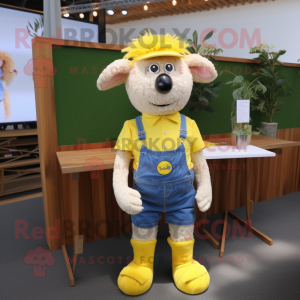 Lemon Yellow Merino Sheep mascot costume character dressed with a Denim Shorts and Tie pins