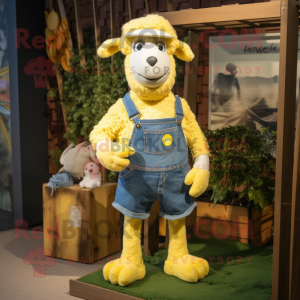 Lemon Yellow Merino Sheep mascot costume character dressed with a Denim Shorts and Tie pins