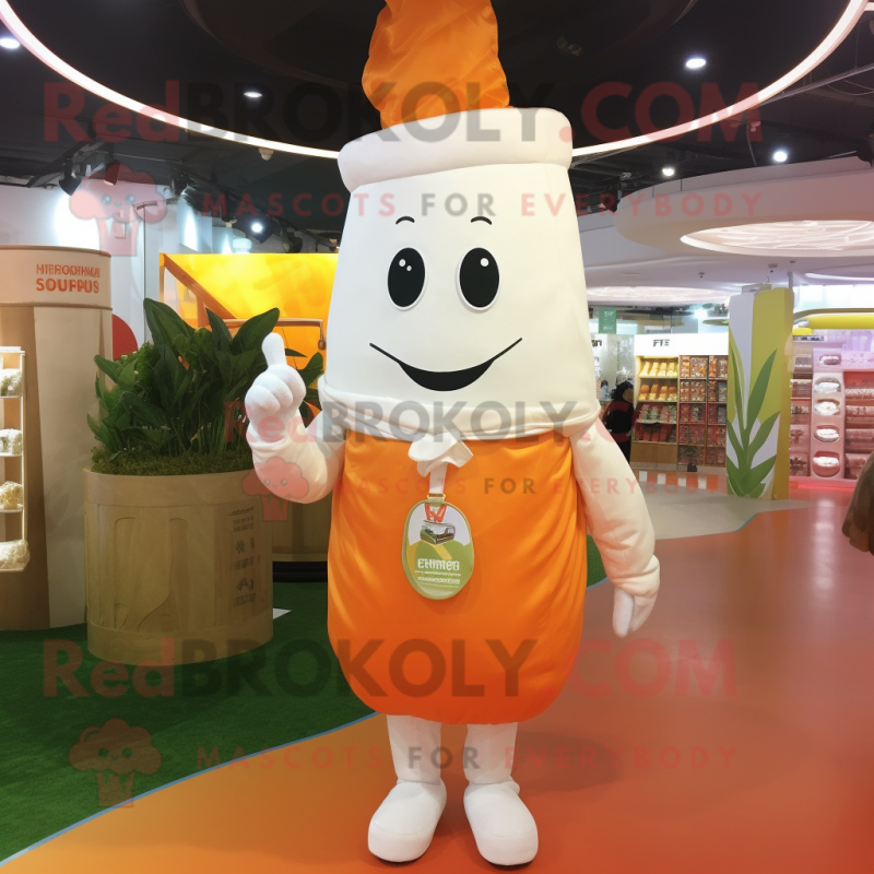 Cream Carrot mascot costume character dressed with a Poplin Shirt and Rings Cream Carrot mascot costume character dressed with a Poplin Shirt and Rings