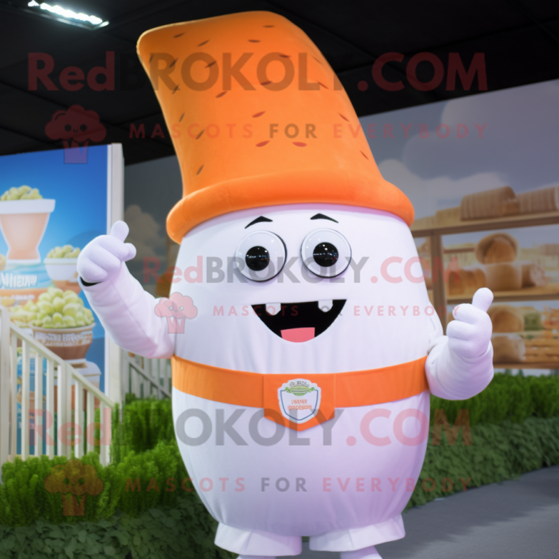 Cream Carrot mascot costume character dressed with a Poplin Shirt and Rings Cream Carrot mascot costume character dressed with a Poplin Shirt and Rings