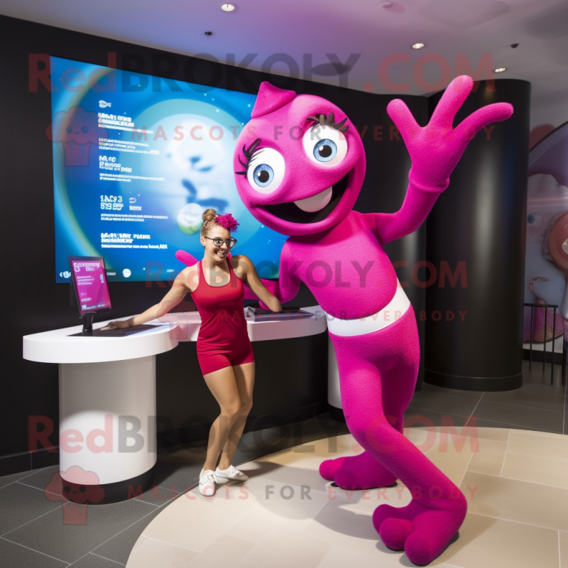 Magenta Contortionist mascot costume character dressed with a One-Piece Swimsuit and Watches Magenta Contortionist mascot costume character dressed with a One-Piece Swimsuit and Watches