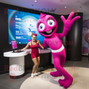 Magenta Contortionist mascot costume character dressed with a One-Piece Swimsuit and Watches