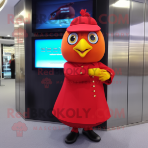 Red Canary mascot costume character dressed with a Pencil Skirt and Smartwatches