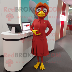 Red Canary mascot costume character dressed with a Pencil Skirt and Smartwatches