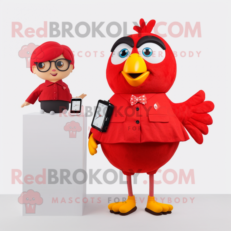 Red Canary mascot costume character dressed with a Pencil Skirt and Smartwatches Red Canary mascot costume character dressed with a Pencil Skirt and Smartwatches