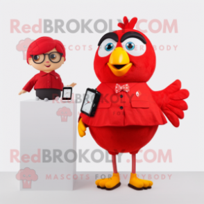 Red Canary mascot costume character dressed with a Pencil Skirt and Smartwatches