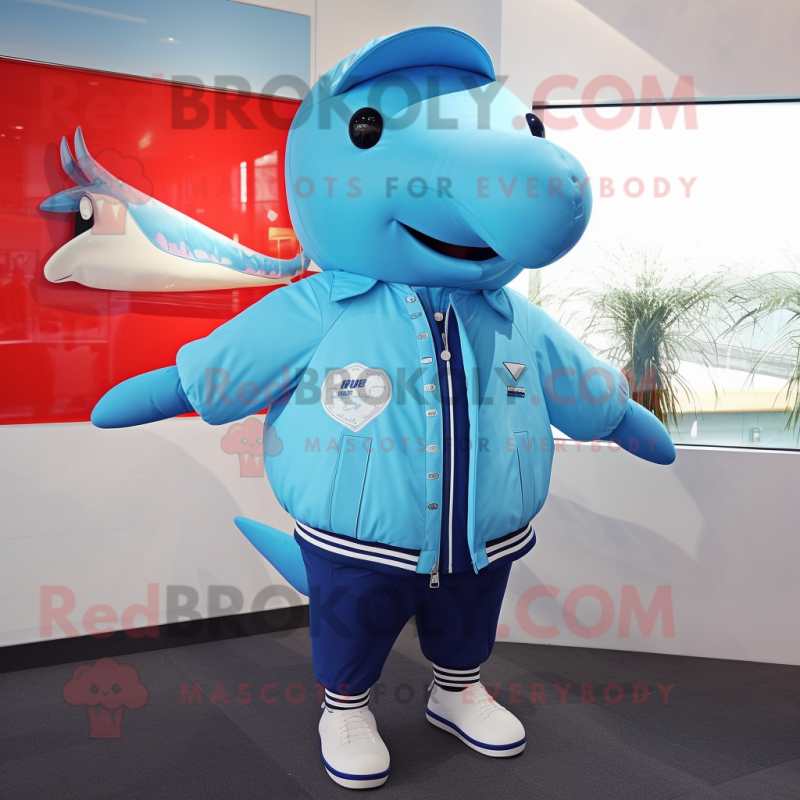 Sky Blue Humpback Whale mascot costume character dressed with a Windbreaker and Tie pins