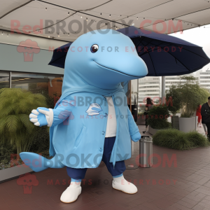 Sky Blue Humpback Whale mascot costume character dressed with a Windbreaker and Tie pins