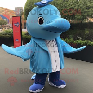 Sky Blue Humpback Whale mascot costume character dressed with a Windbreaker and Tie pins