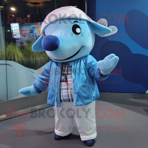 Sky Blue Humpback Whale mascot costume character dressed with a Windbreaker and Tie pins