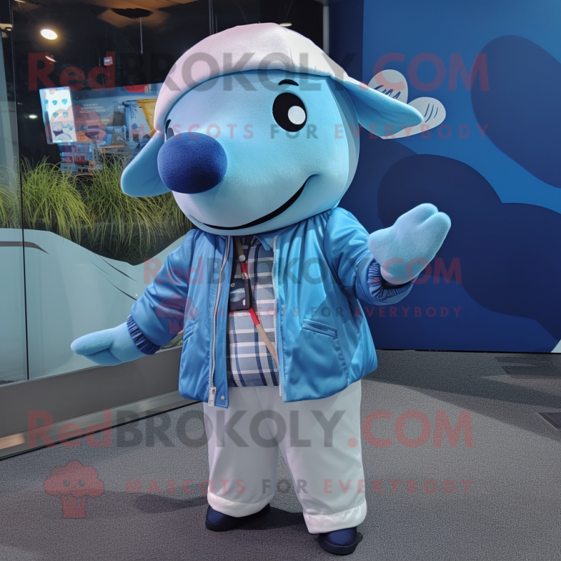 Sky Blue Humpback Whale mascot costume character dressed with a Windbreaker and Tie pins Sky Blue Humpback Whale mascot costume character dressed with a Windbreaker and Tie pins