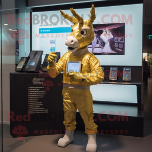 Gold Donkey mascot costume character dressed with a Playsuit and Digital watches