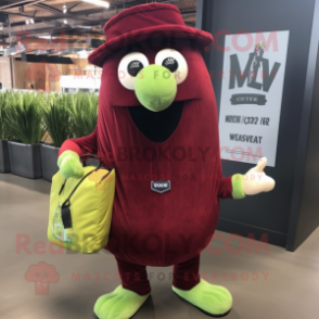 Maroon Celery mascot costume character dressed with a V-Neck Tee and Messenger bags