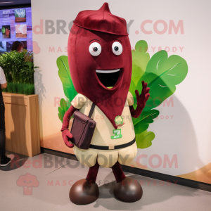 Maroon Celery mascot costume character dressed with a V-Neck Tee and Messenger bags