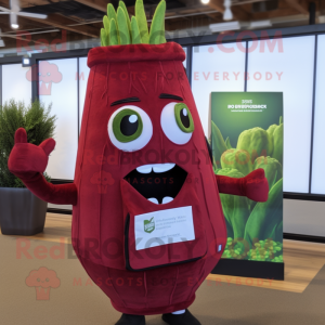 Maroon Celery mascot costume character dressed with a V-Neck Tee and Messenger bags