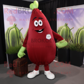 Maroon Celery mascot costume character dressed with a V-Neck Tee and Messenger bags