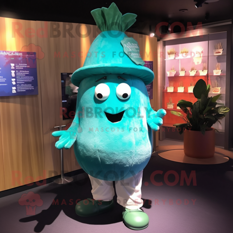 Teal Turnip mascot costume character dressed with a Swimwear and Hat