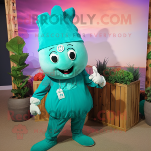 Teal Turnip mascot costume character dressed with a Swimwear and Hat pins