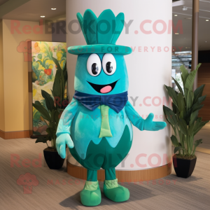 Teal Turnip mascot costume character dressed with a Swimwear and Hat pins
