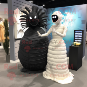 Black Trilobite mascot costume character dressed with a Wedding Dress and Gloves