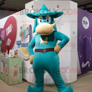 Teal Beef Stroganoff mascot costume character dressed with a One-Piece Swimsuit and Belts